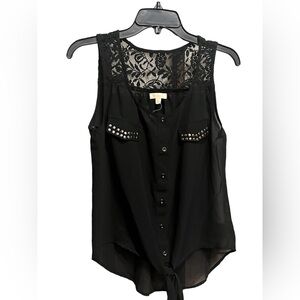 Black Tank Top Blouse with Floral Lace and Studs